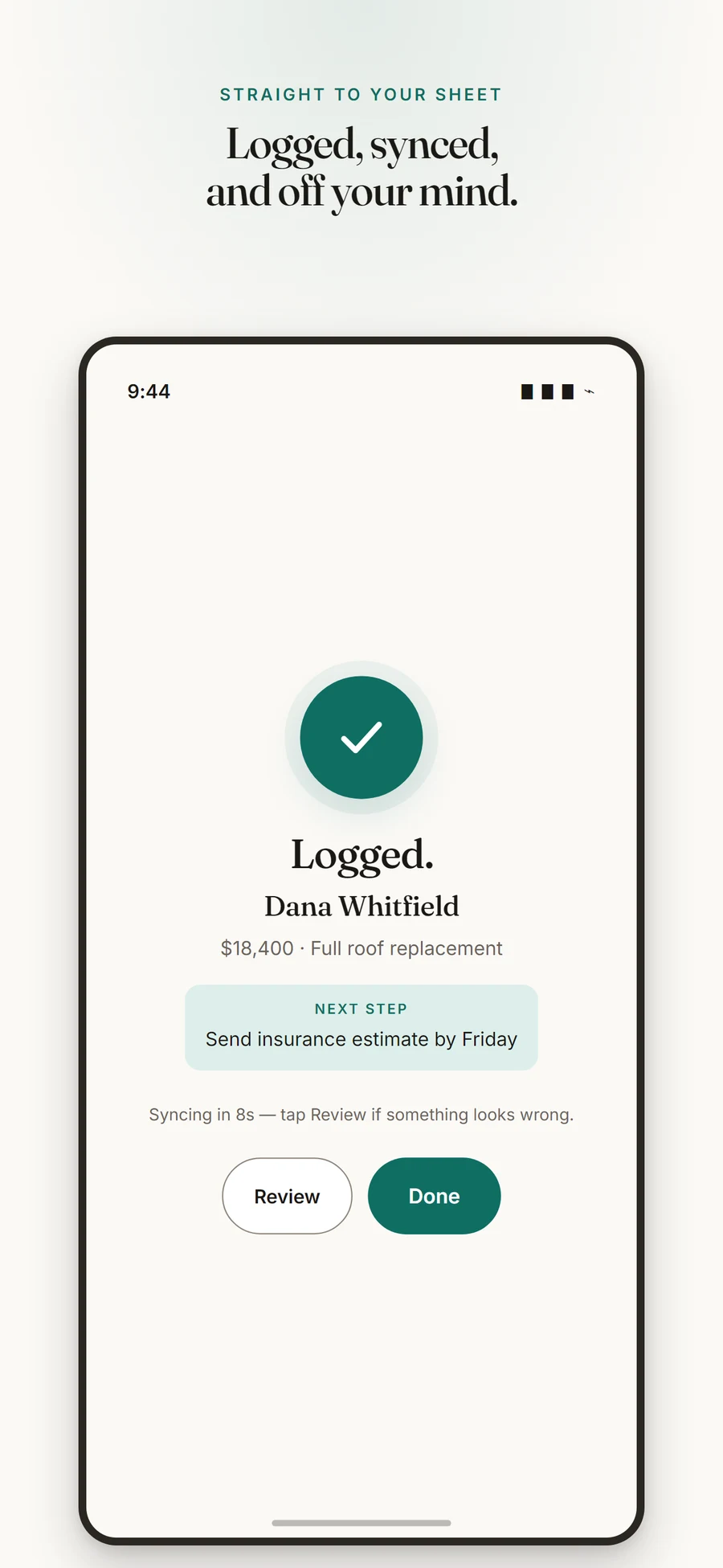LogVoice confirmation screen